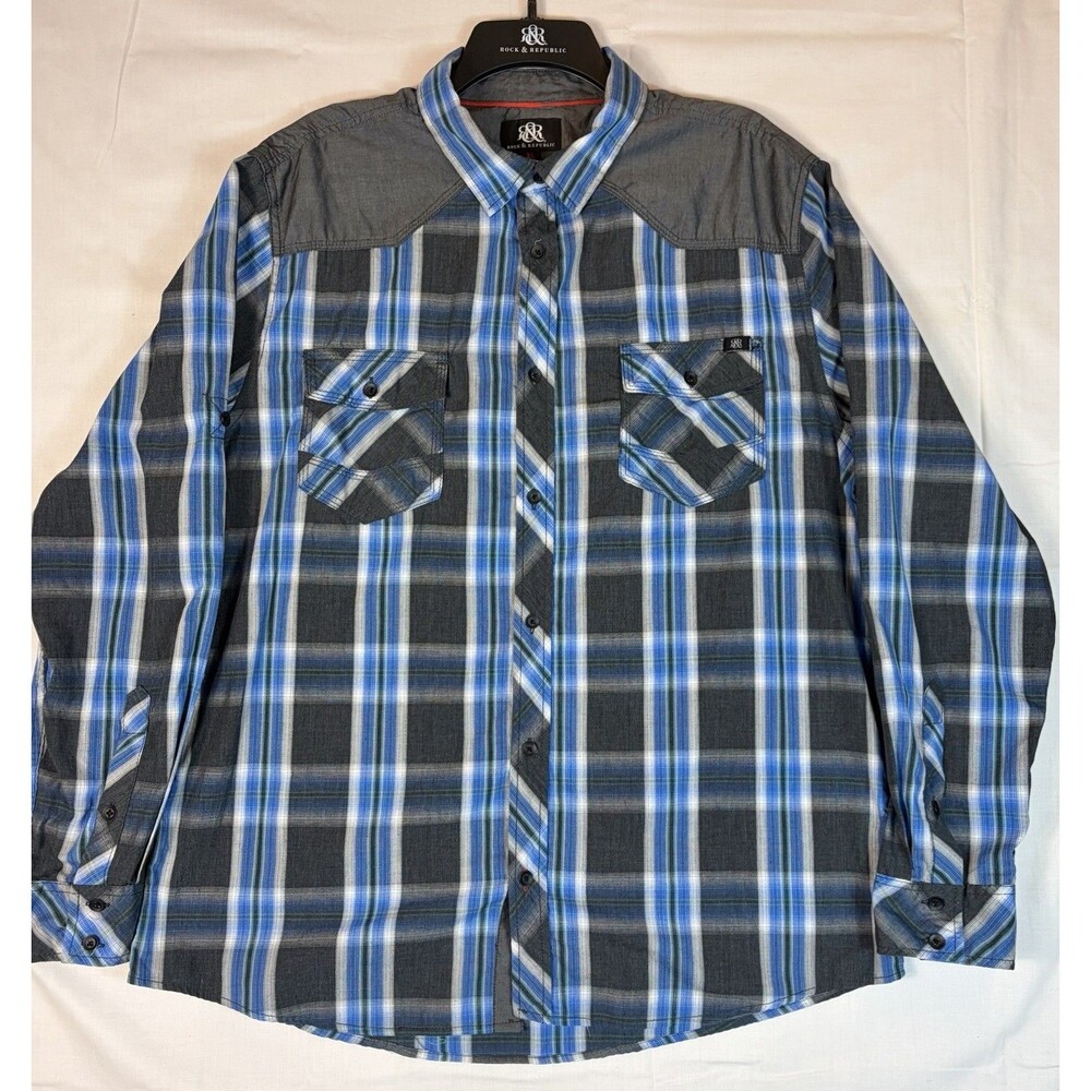 Rock & Republic Shirt L/S Button Blue Plaid Shoulder Accents Roll Tab Men’s XL